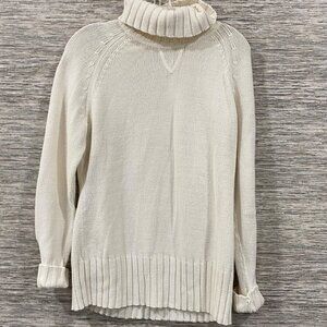 Ruff Hewn Chunky Knit Cream Turtleneck Sweater With Rolled Cuffs & Ribbed Hem L